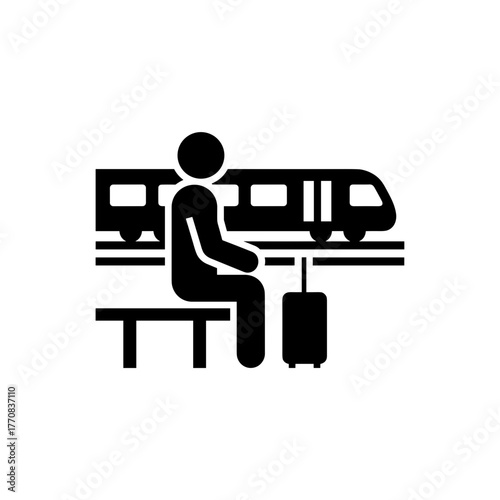Stylized icon of a person sitting on a bench with a suitcase at a train platform