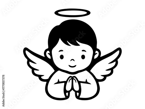 Obraz na plátně Vector isolated cute black-and-white illustration of a smiling child boy angel with a halo and wings, hands clasped in prayer