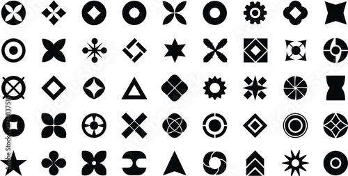 Geometric symbol and abstract shape icon pack in modern minimal black design, vector pattern, graphic, concept, template, illustration