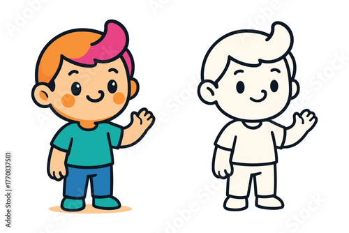 Cute cartoon boy waving hello in color and outline versions