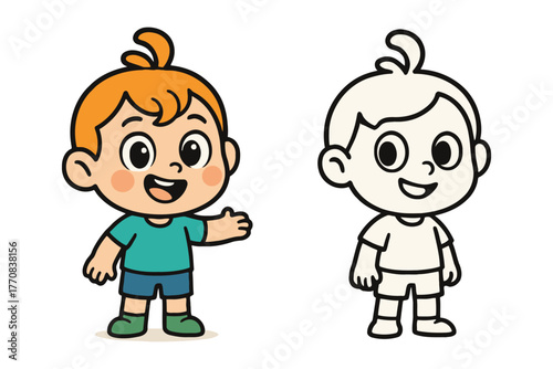 Cute cartoon boy illustration with a coloring outline for children