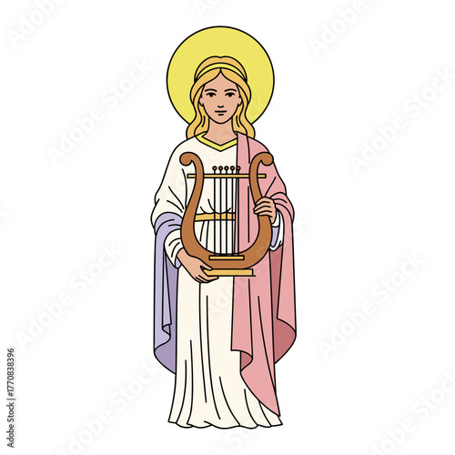 Saint Cecilia with a lyre, the patron saint of musicians, in pastel colors