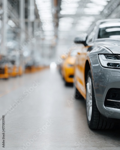 Grey car is parked in a showroom with other cars