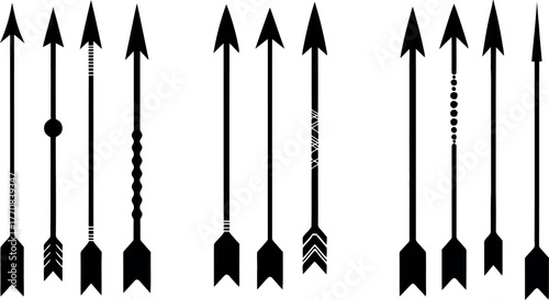 Tribal arrow designs set with different fletching and shaft variations in black vector