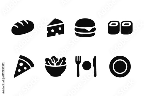 Food icon set: bread, cheese, burger, sushi, pizza, salad, cutlery, plate