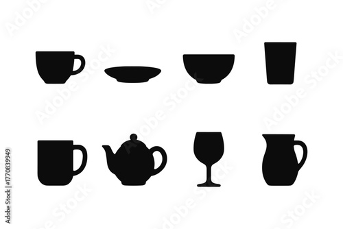 Silhouette icons of various drinkware and tableware in simple style