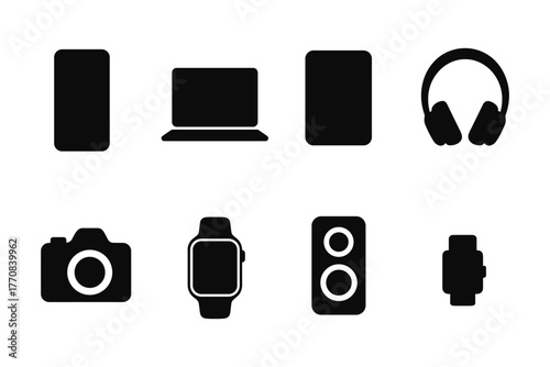 Minimalist gadget icons set: phones, laptop, headphones, camera, watch, speaker