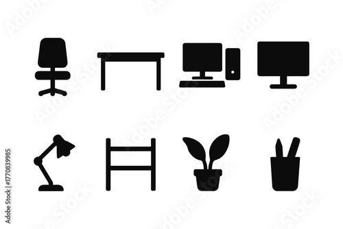 Minimalist office furniture and equipment icons set for modern workspace design