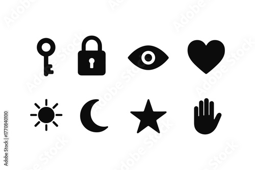 Minimalist black and white icons set: key, lock, eye, heart, sun, moon, star, hand
