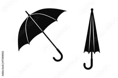 Open and closed umbrella silhouettes: classic black design for weather icons