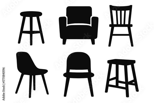 Set of various chair silhouettes including armchair, stool, and dining chair