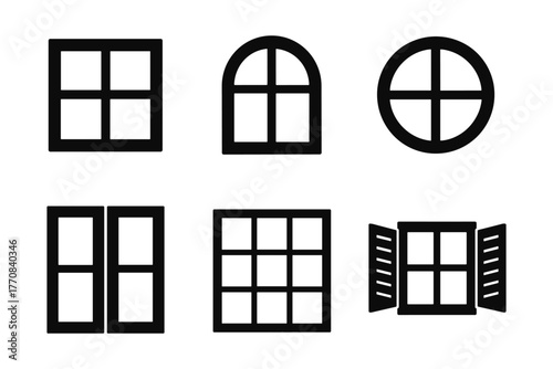 Modern window shapes: arched, circular, grid patterns in minimalist black design