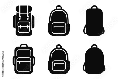 Set of backpack silhouettes: minimalist black and white icons for travel and school
