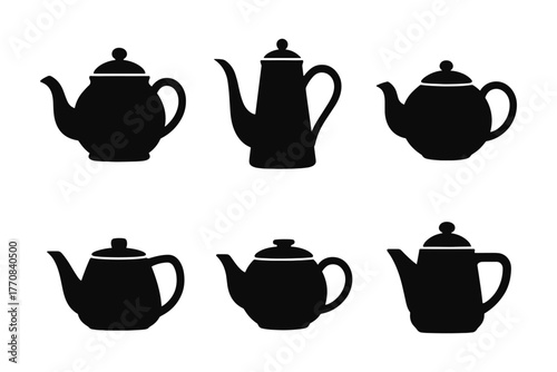 Silhouette tea and coffee pots collection on white background
