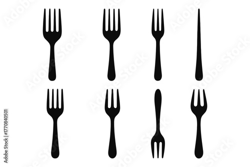 Collection of different fork silhouettes on white background for culinary design