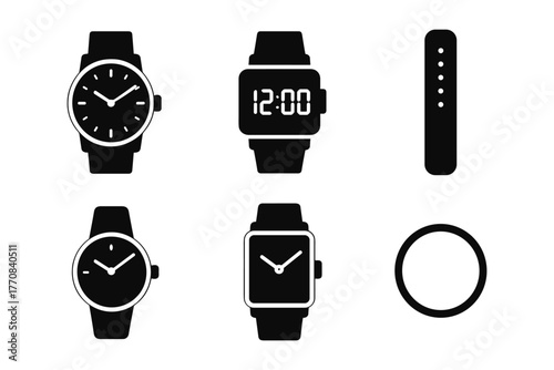 Minimalist black and white silhouette of analog and digital watches with strap variations