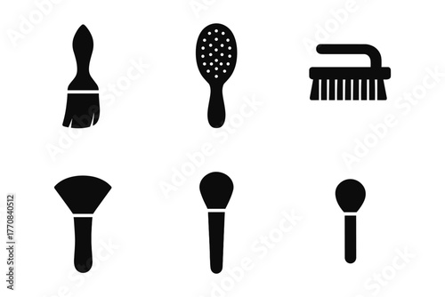 Silhouette icons of styling and grooming brushes and combs in black and white