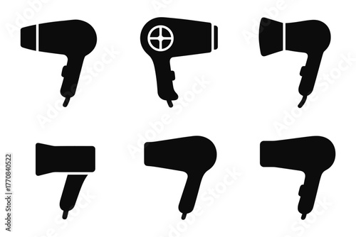 Collection of black silhouette hair dryer icons in different modern designs