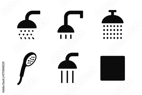 Minimalistic shower icon set featuring various showerhead designs