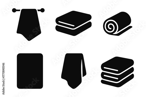 Collection of towel icons in simplistic black silhouette for home and bathroom design
