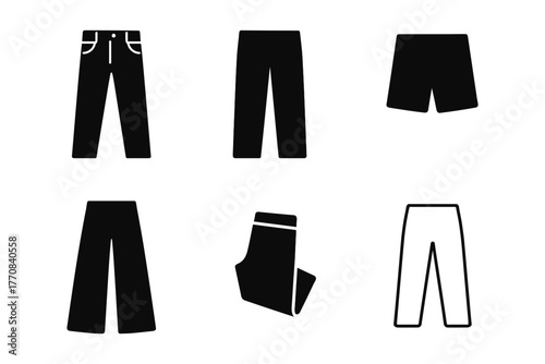 Minimalist icons of pants, shorts, and socks in flat silhouette style
