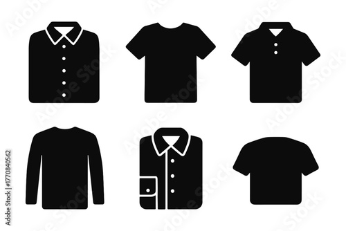 Silhouette collection of shirt icons: t-shirts, polos, and long sleeves