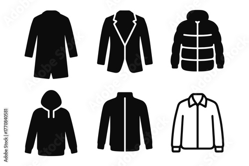Stylish silhouette icons of various jackets and coats for fashion design