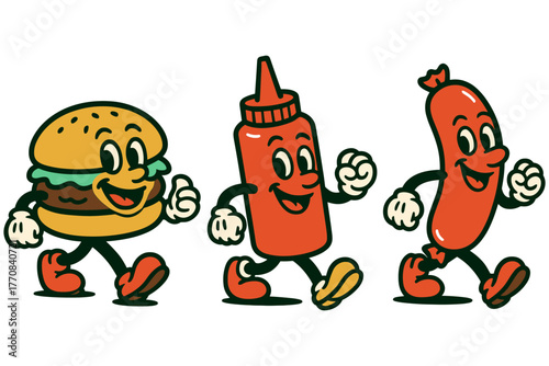 Charming cartoon fast food characters walking happily together