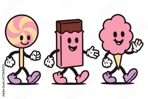 Playful cartoon candy characters walking happily in flat style
