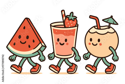 Cute cartoon fruits and drinks characters walking together with smiles