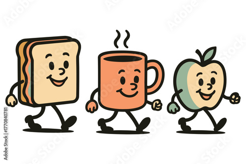 Happy cartoon breakfast characters walking cheerfully with smiles