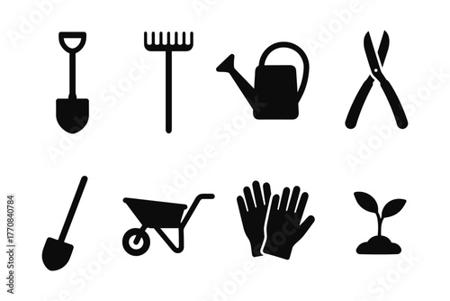Silhouette garden tools set: shovel, rake, watering can, pruners, wheelbarrow, gloves, seedling