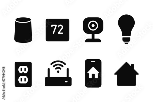 Smart home icon set featuring gadgets and connectivity in black silhouette style