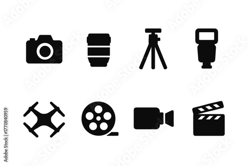 Silhouette icons of photography and filmmaking equipment for creative projects