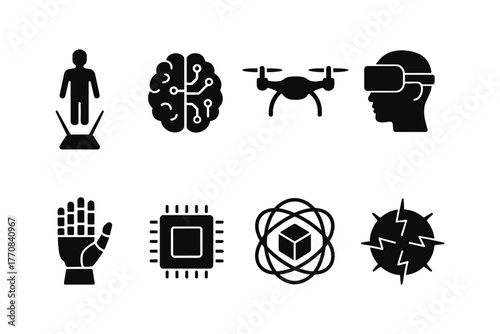 Futuristic technology icons: ai, vr, robotics, and drones in bold silhouette design