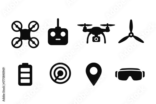 Drone icons set: silhouette style with battery, controller, and more symbols