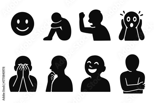 Silhouette emotion icons: expressive human poses and faces in simple design