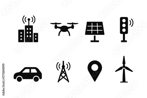 Smart city icon set featuring communication, transport, and renewable energy symbols
