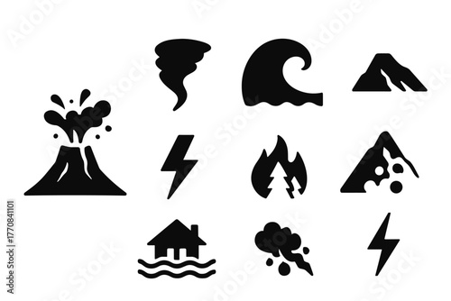 Natural disaster icons set: silhouettes of volcano, tornado, waves, and more