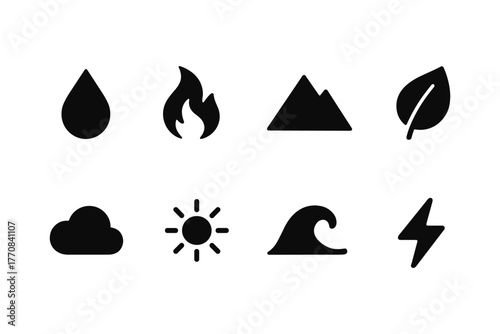 Minimalist nature icons set featuring water, fire, earth, air elements