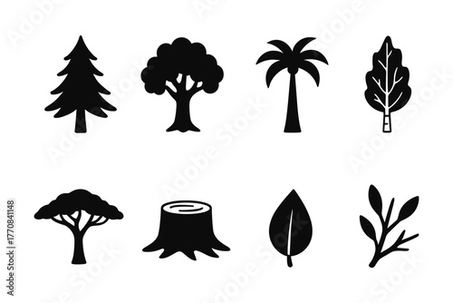 Silhouette icons of diverse tree types for nature and botany design projects