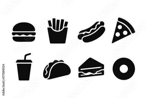 Silhouette collection of classic fast food icons for menus and promotions