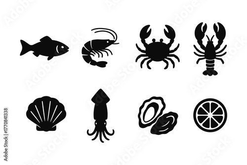 Black silhouette seafood icons including fish, shellfish, and citrus slice