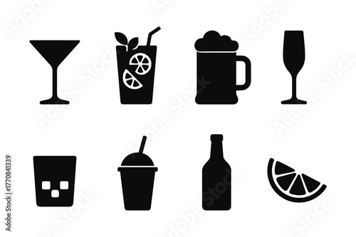 Silhouette icons of various drink glasses and beverages with citrus slice
