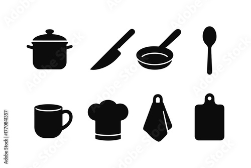 Minimalist kitchen icons: essential cooking tools and utensils silhouettes
