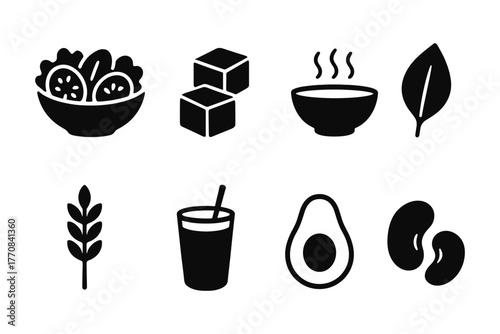 Minimalist food icons: healthy ingredients and beverages in bold black design
