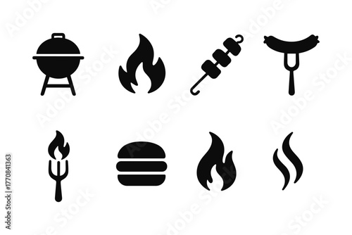 Grill and flame icons set: bbq, fire, and food symbols