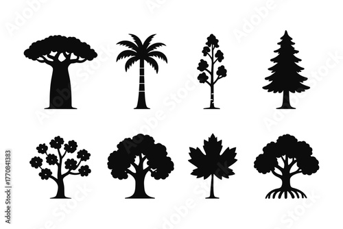 Silhouette collection of diverse tree designs in black on white background
