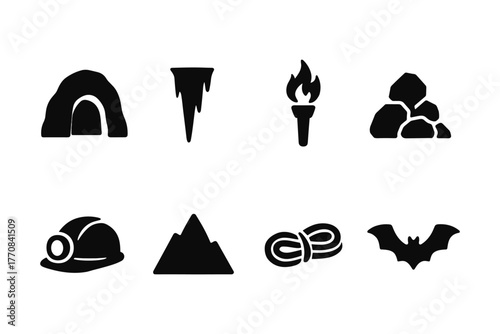 Cave exploration icons: silhouettes of tools and symbols for spelunking adventures