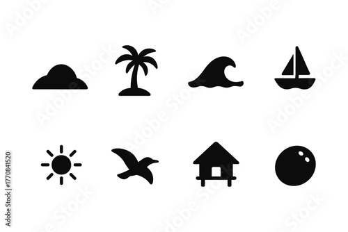 Minimalist beach icons set featuring sun, palm tree, and sailboat designs